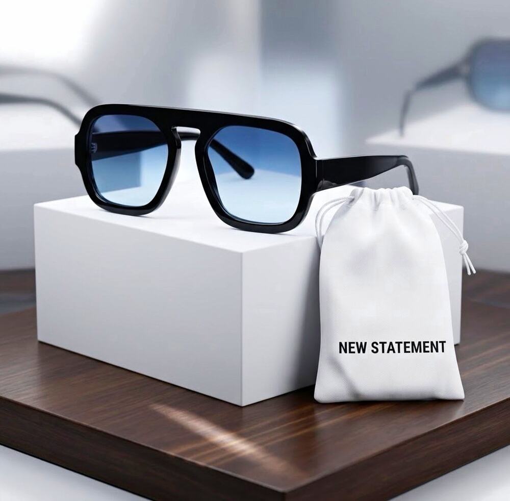 NEW STATEMENT Oversized Sunglasses Flat Top Black Frame Gradient Blue Lens NIB